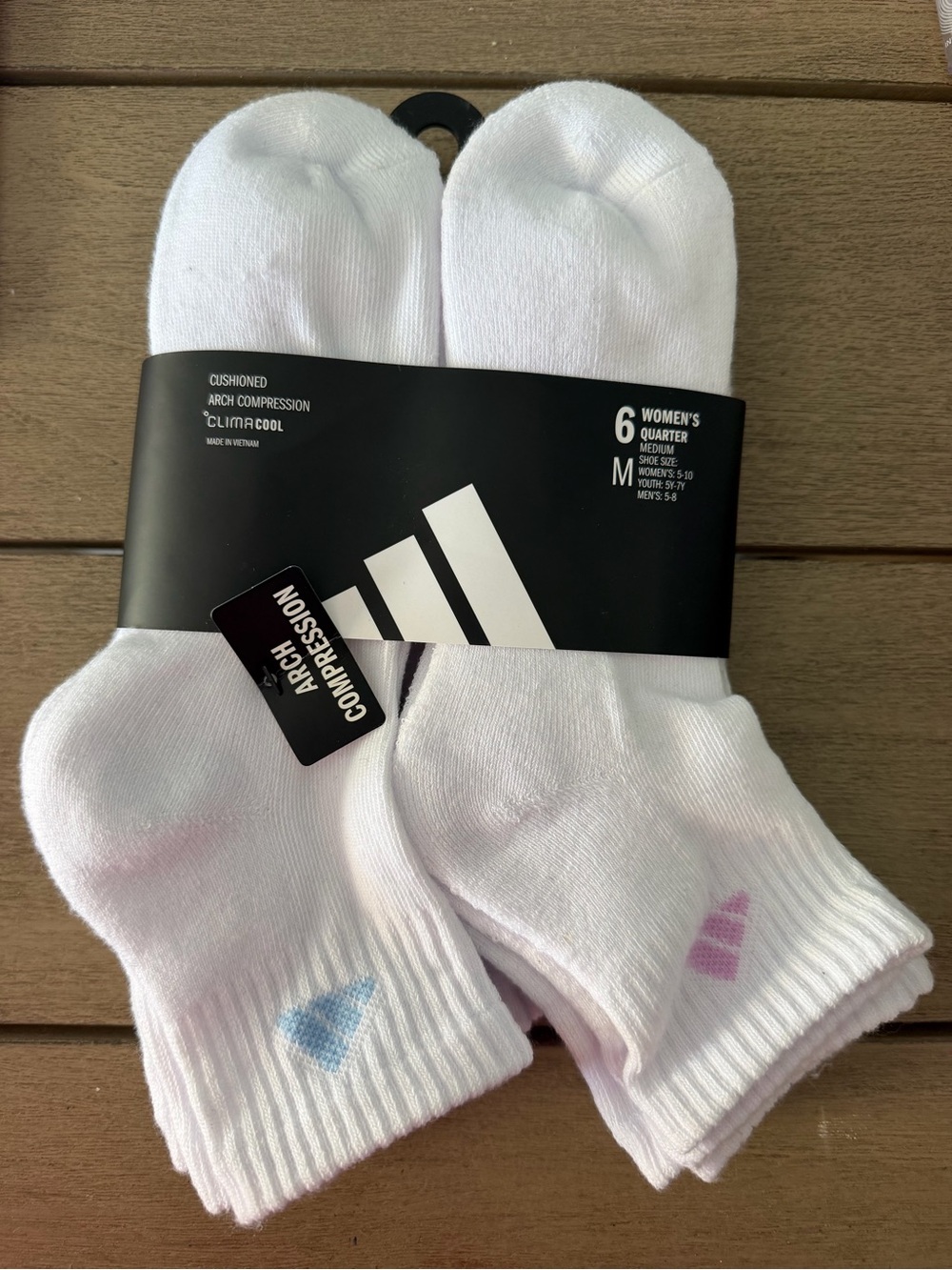 adidas White Women's Quarter Athletic Socks with Blue and Pink Accents - 6 Pack